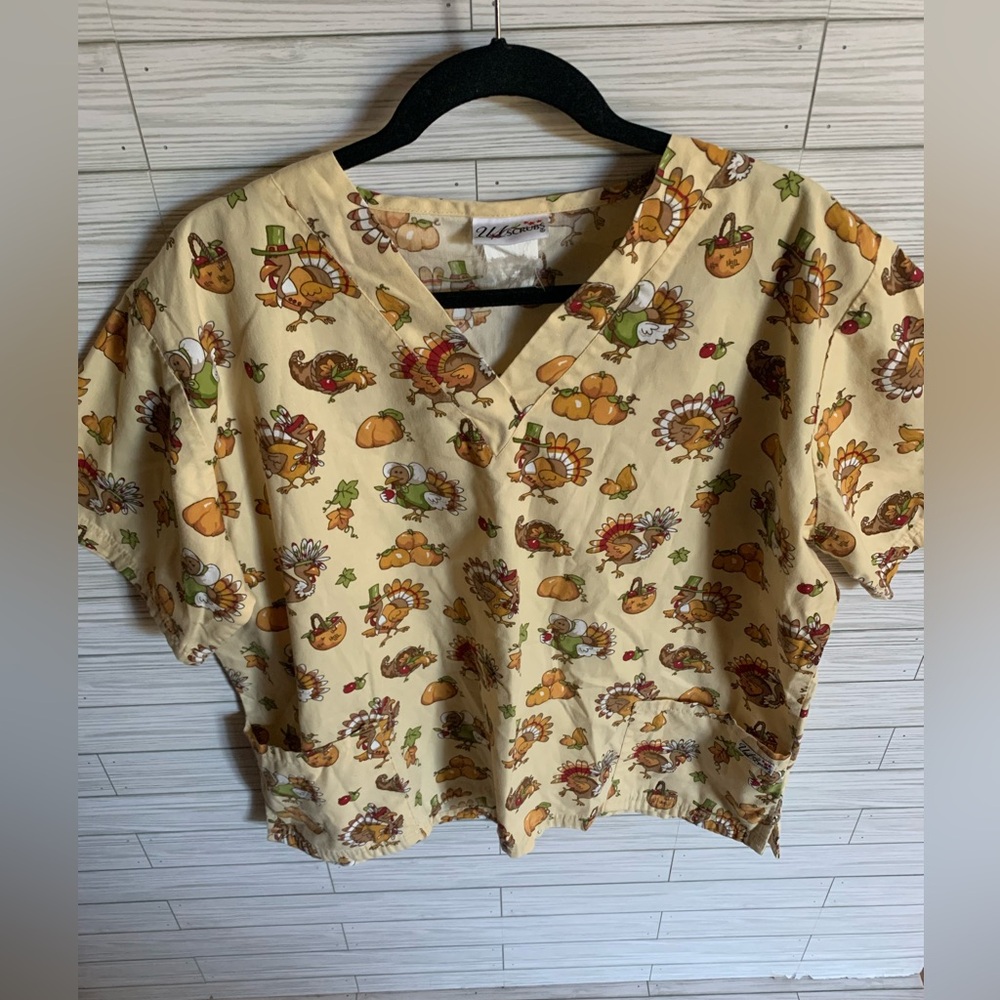 UA scrubs Women's Yellow Thanksgiving Print Scrub Top